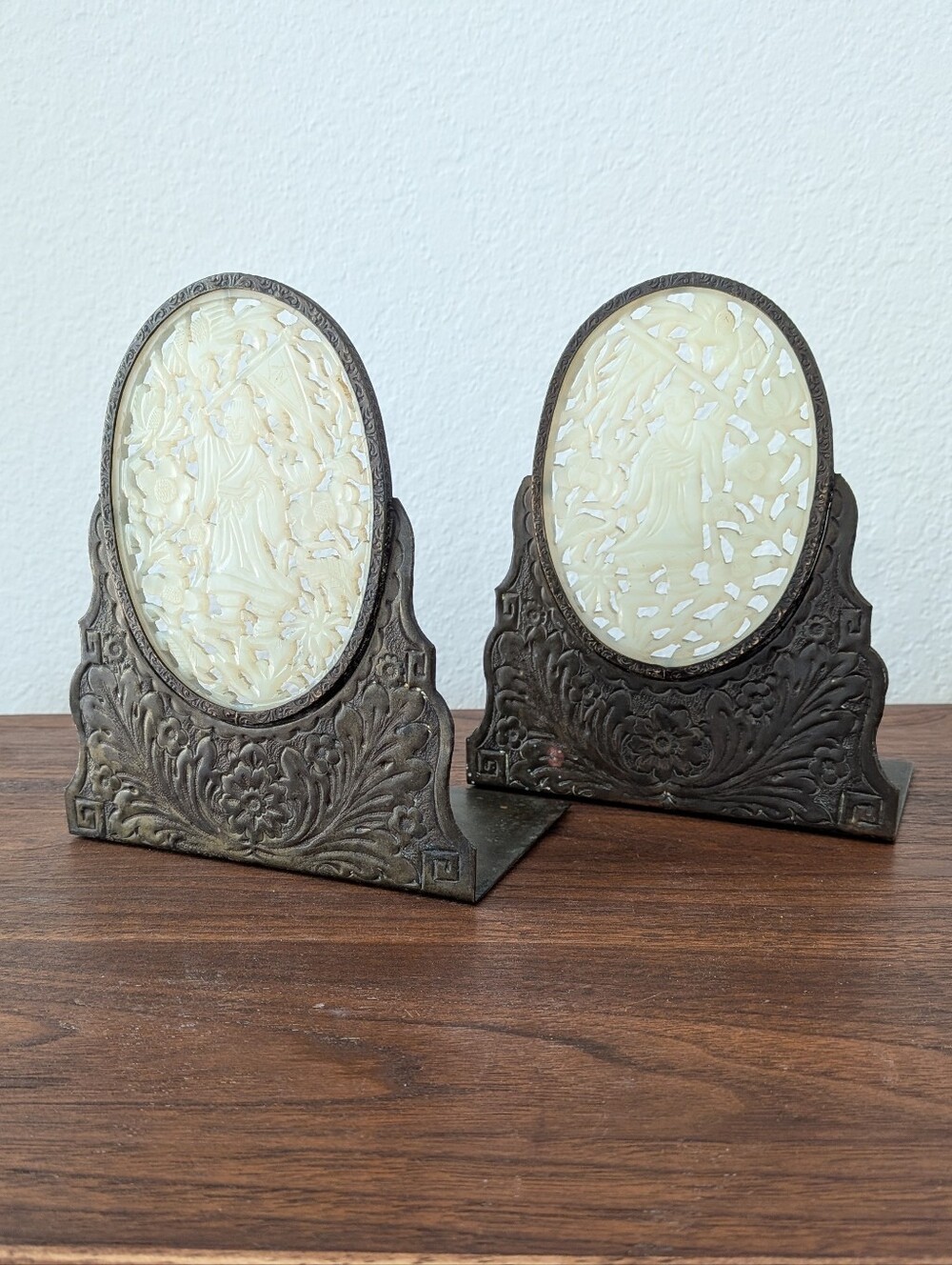Pair Antique Chinese Carved White Jade Bookends Brass Floral Bases Scholar Motif